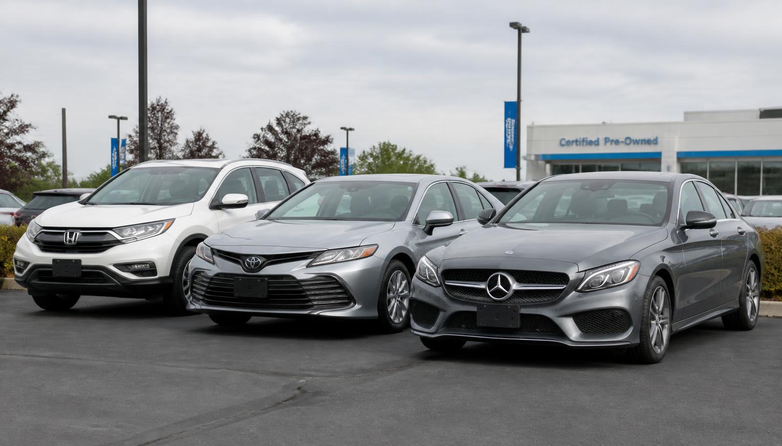 Honda SUV, Toyota sedan and Mercedes-Benz sedan on a dealership lot