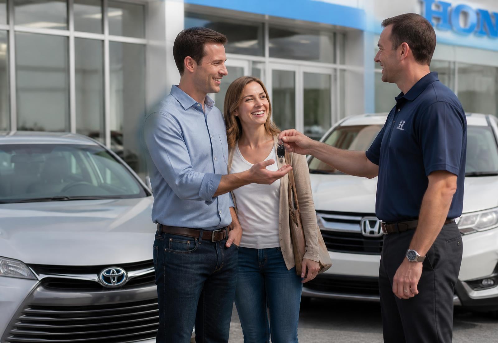 A couple receiving the keys to their new family car from a dealership advisor