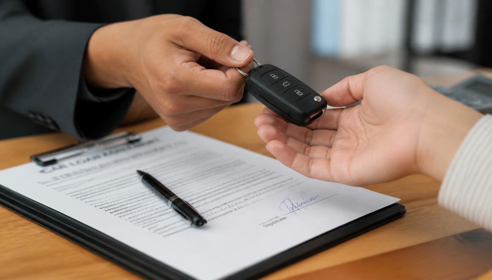 Car keys handed over on top of a signed car loan agreement