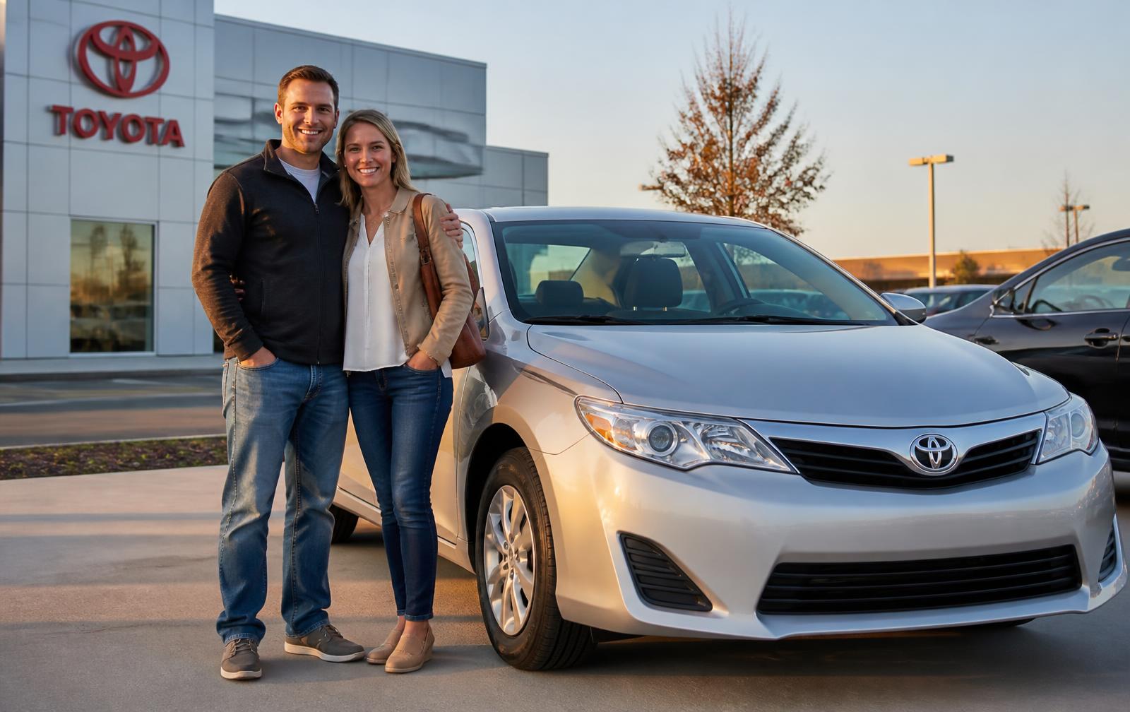 A happy couple standing beside their silver Toyota sedan