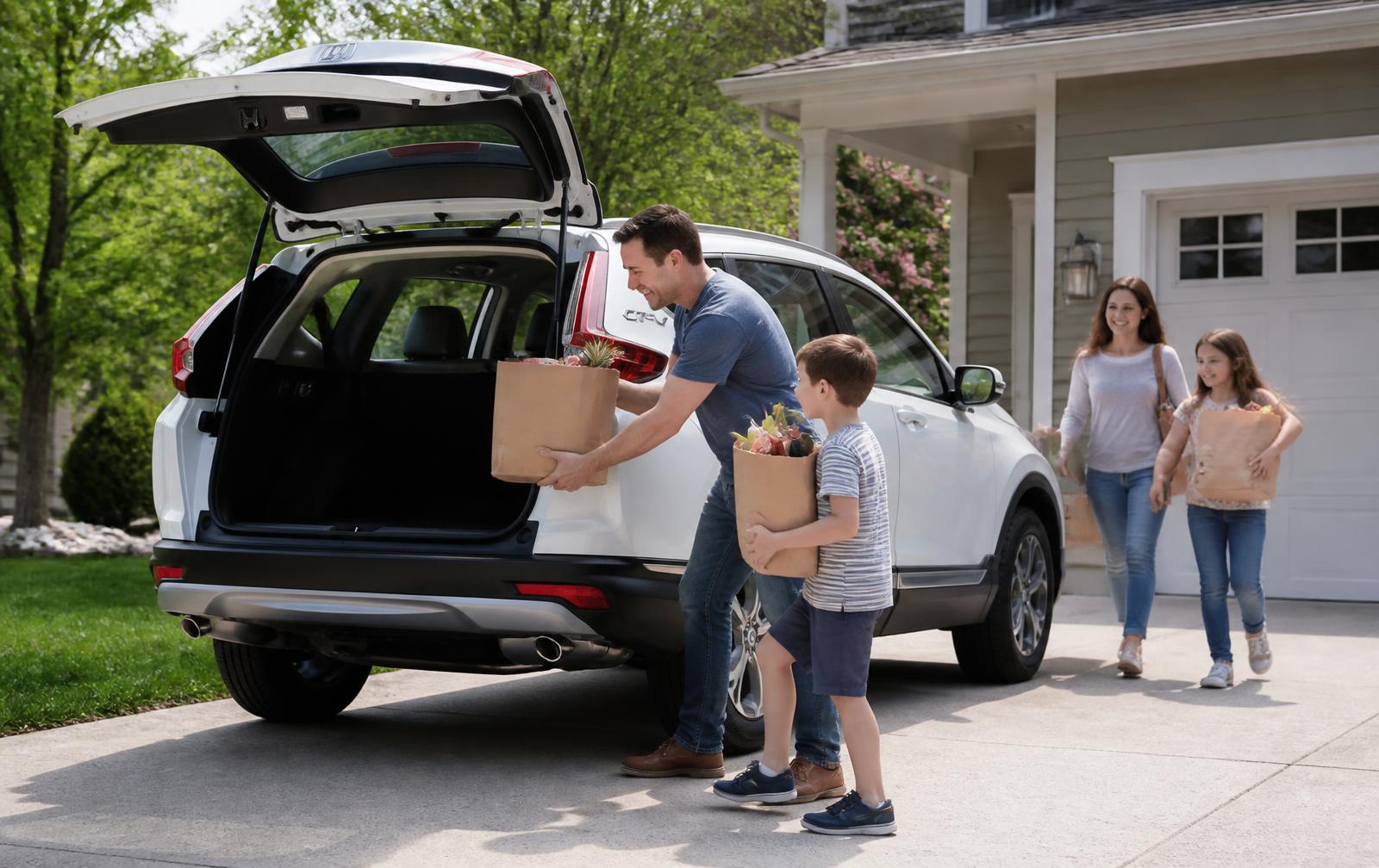 A family loading groceries into their white Honda CR-V