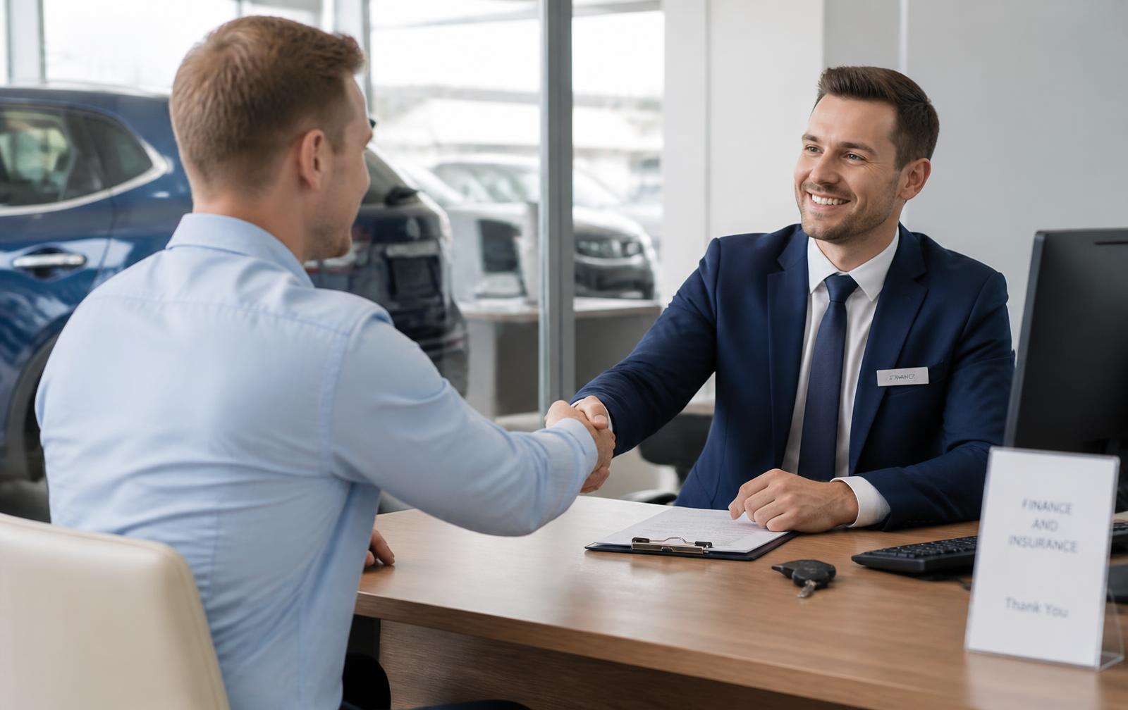 A finance advisor shaking hands with a customer in a dealership office