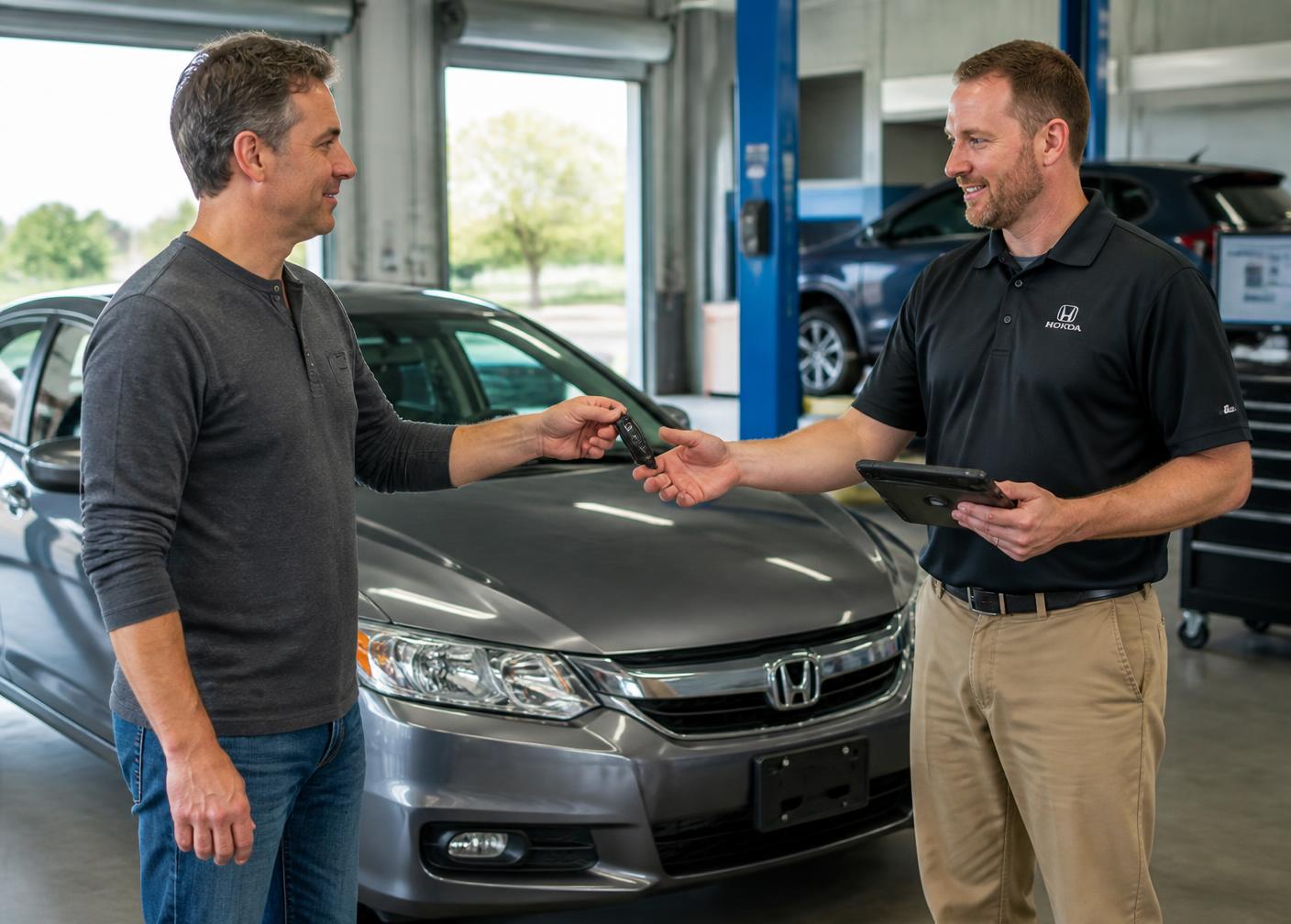 A customer handing over keys for a used car trade-in appraisal